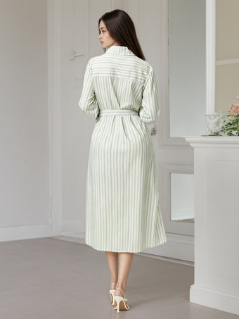 Robe midi Daily Dresses à rayures verticales revers manches longues et taille nouée