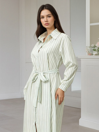 Robe midi Daily Dresses à rayures verticales revers manches longues et taille nouée