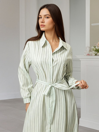 Robe midi Daily Dresses à rayures verticales revers manches longues et taille nouée