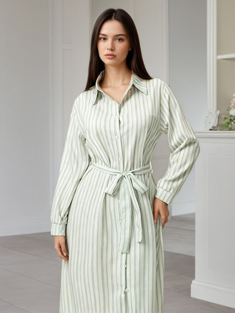 Robe midi Daily Dresses à rayures verticales revers manches longues et taille nouée