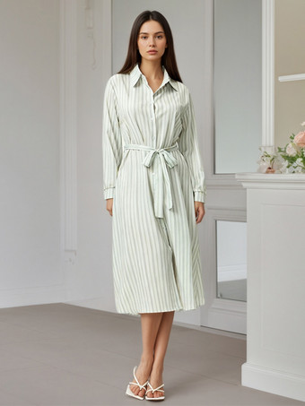 vert clair Robe midi Daily Dresses à rayures verticales revers manches longues et taille nouée