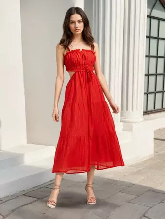 Vacation Dresses Smocked Bust Cutout Tie Back Ruffle Tiered Flowy Maxi Dress