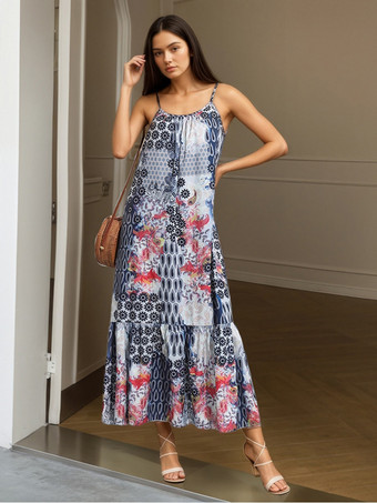 Robe de vacances bohème vintage à imprimé patchwork bretelles spaghetti dos nu et volants robe longue