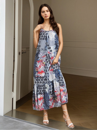Robe de vacances bohème vintage à imprimé patchwork bretelles spaghetti dos nu et volants robe longue