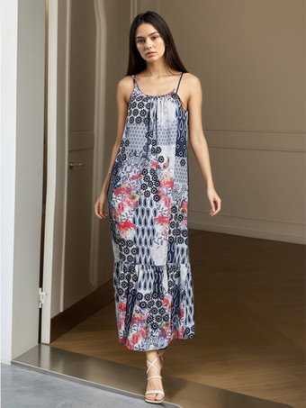 gris clair Robe de vacances bohème vintage à imprimé patchwork bretelles spaghetti dos nu et volants robe longue
