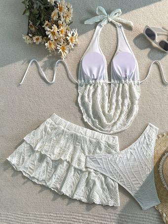 Ensemble bikini deux pièces à col halter et jupe à volants texturée