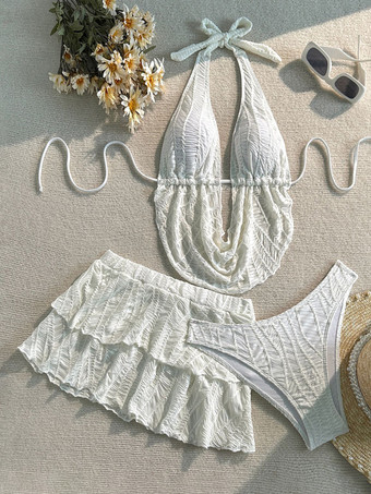 Ensemble bikini deux pièces à col halter et jupe à volants texturée