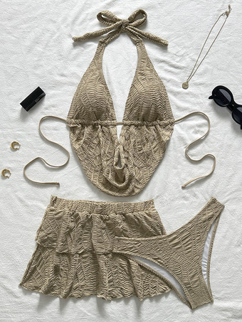 Brun Ensemble bikini deux pièces à col halter et jupe à volants texturée