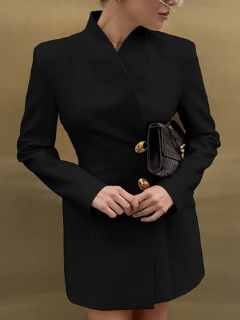 noir Robe de soirée à col montant boutons dorés manches longues poche blazer de bureau