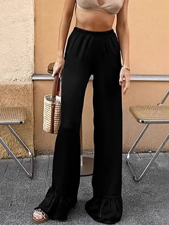 noir Pantalon large en satin à volants et taille élastique pour femme pantalon décontracté