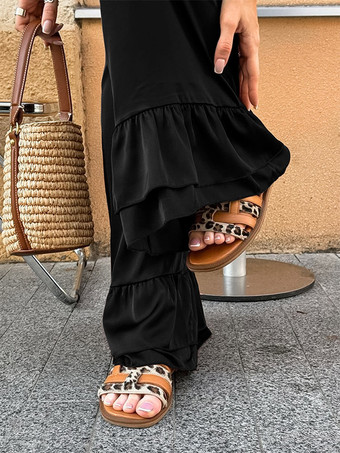Pantalon large en satin à volants et taille élastique pour femme pantalon décontracté