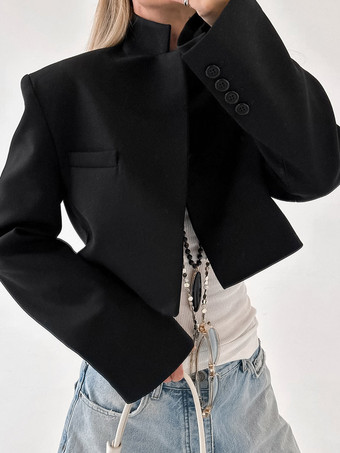 noir Veste de costume courte à col mandarin poche avant coupe ajustée.