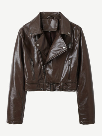 Veste de motard courte en cuir marron fermeture éclair à revers et ceinture coupe ajustée.