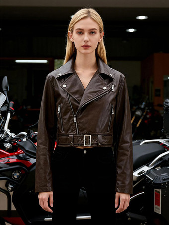 marron foncéVeste de motard courte en cuir marron fermeture éclair à revers et ceinture coupe ajustée.