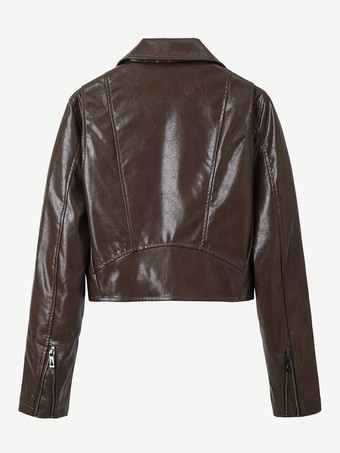 Veste de motard courte en cuir marron fermeture éclair à revers et ceinture coupe ajustée.