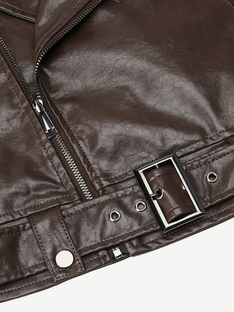 Veste de motard courte en cuir marron fermeture éclair à revers et ceinture coupe ajustée.