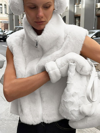 blanc Manteau sans manches en fausse fourrure bicolore crème et blanc cassé fermeture éclair intégrale col montant gilet chaud
