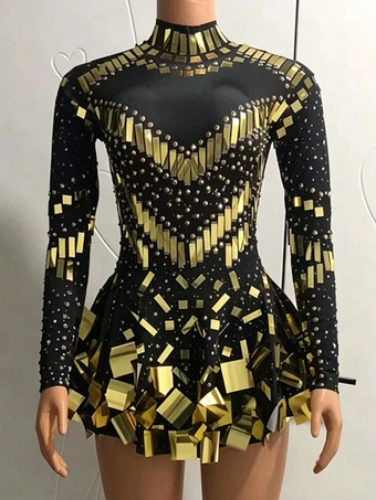 ブラックゴールドダンス衣装 スパンコール ショートドレス キラキラ ボールルーム ミラー レディース チーム セクシー ステージウェア ラグジュアリー ダンサー衣装