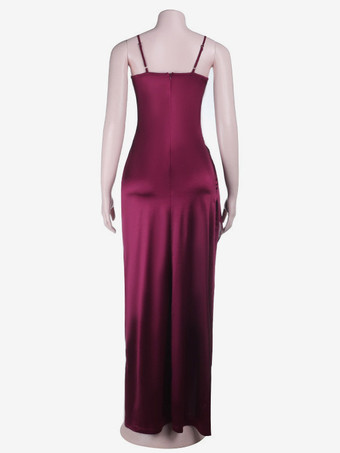Robe de soirée longue bordeaux à bretelles spaghetti et décolleté en dentelle fente haute robe sexy semi-formelle