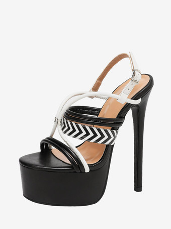 Sexy Damen-Sandalen schwarze PU-Leder-Plateausandalen mit offener Zehenpartie und Riemchen