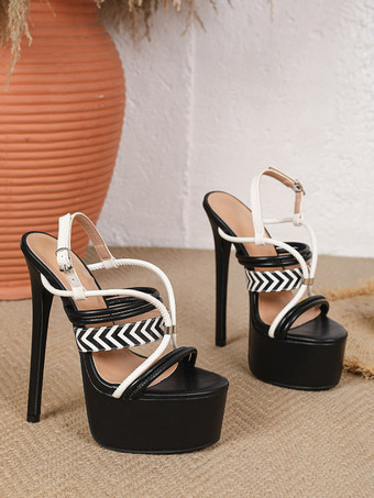 Sexy Damen-Sandalen schwarze PU-Leder-Plateausandalen mit offener Zehenpartie und Riemchen