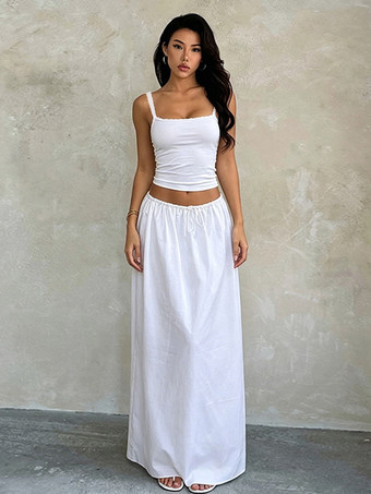 WeißWeißes bauchfreies Camisole-Top mit Spitzenbesatz Kordelzug und weitem Maxirock – zweiteiliges Urlaubsoutfit