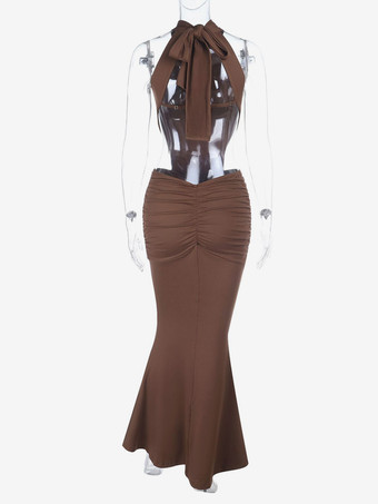 Braunes figurbetontes Abendkleid im Meerjungfrauenstil mit Neckholder Maxi-Rücken Bindebändern Cut-out-Taille und Raffungen