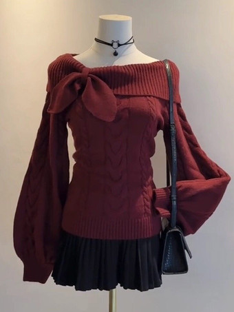 Pull en maille torsadée à épaules dénudées 4 couleurs pour femme avec grand nœud et manches lanternes coupe ajustée.