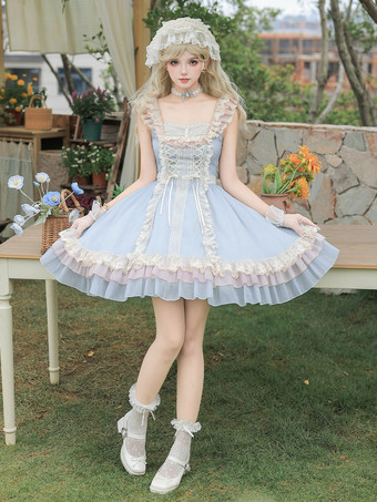 Robe Sweet Lolita sans manches à lacets bleu ciel clair robe JSK Lolita avec ras-de-cou