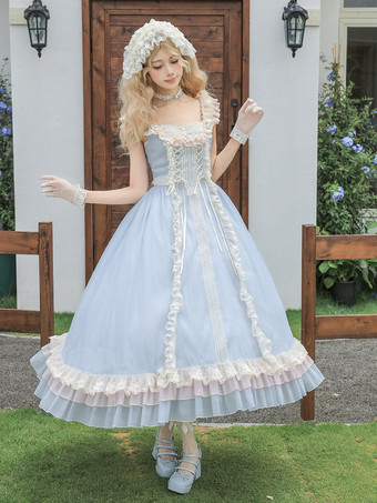 Robe Sweet Lolita sans manches à lacets bleu ciel clair avec ras-de-cou.