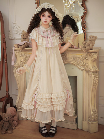 Robe Sweet Lolita à manches courtes volants et ceinture couleur écru et blanche.