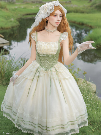 Robe Sweet Lolita sans manches blanche et verte corset à fines bretelles ornée de dentelle longue robe de style cottage à volants