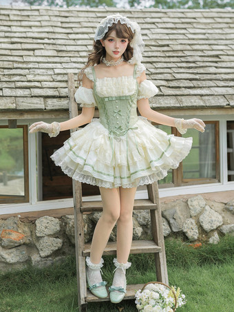 Robe Sweet Lolita sans manches à bretelles spaghetti blanche et verte corset avec coiffe