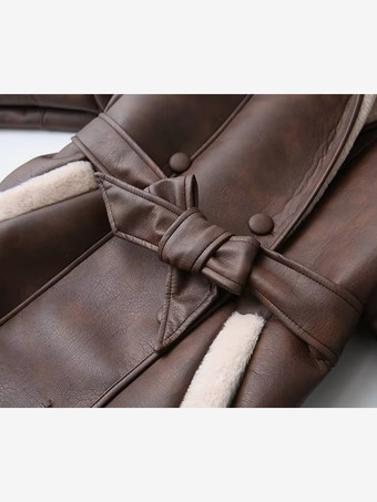 Retro Oversized Ledermantel mit Shearling-Besatz Gürtel in der Taille Plüschfutter Kaltwetterjacke