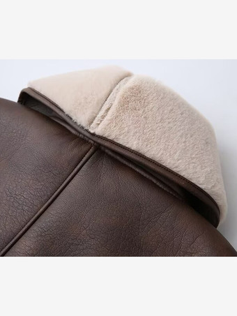 Retro Oversized Ledermantel mit Shearling-Besatz Gürtel in der Taille Plüschfutter Kaltwetterjacke