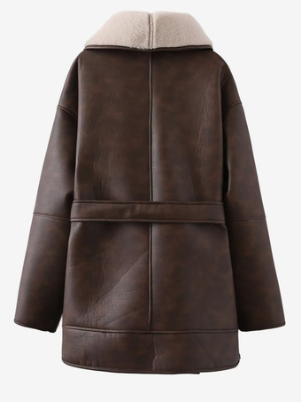 Retro Oversized Ledermantel mit Shearling-Besatz Gürtel in der Taille Plüschfutter Kaltwetterjacke
