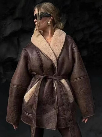Kastanien braunRetro Oversized Ledermantel mit Shearling-Besatz Gürtel in der Taille Plüschfutter Kaltwetterjacke