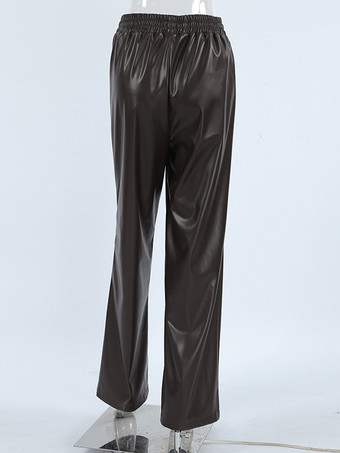 伸縮性のあるドローストリングウエストのフェイクレザーワイドレッグパンツ（ブラック、ブラウン、ゆったりカジュアルパンツ）