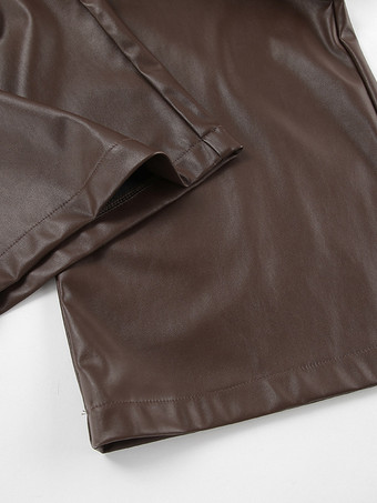 Braune hochtaillierte weite Hose aus Kunstleder mit geradem Bein. Freizeithose