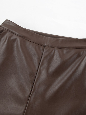Braune hochtaillierte weite Hose aus Kunstleder mit geradem Bein. Freizeithose