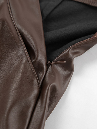 Braune hochtaillierte weite Hose aus Kunstleder mit geradem Bein. Freizeithose