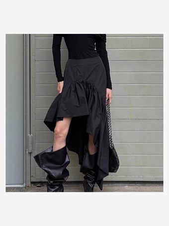 noir Jupe noire asymétrique mi-longue à volants et taille haute