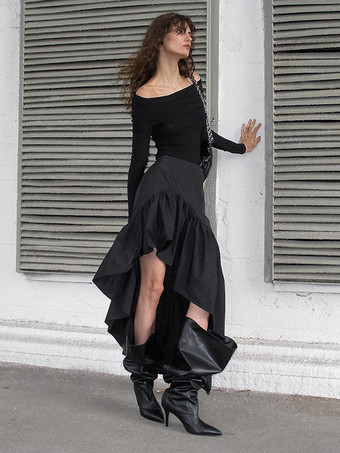 Jupe noire asymétrique mi-longue à volants et taille haute