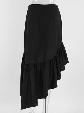 Jupe noire asymétrique mi-longue à volants et taille haute