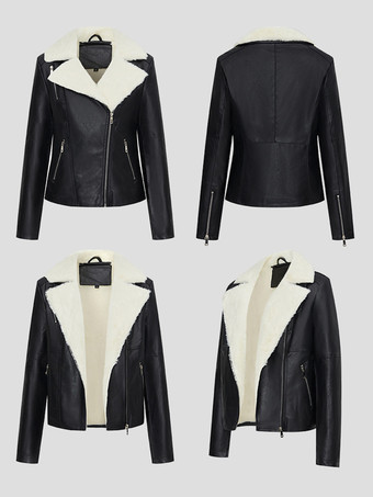 Veste de moto doublée polaire large revers en peau lainée fermeture éclair asymétrique manteau chaud en similicuir