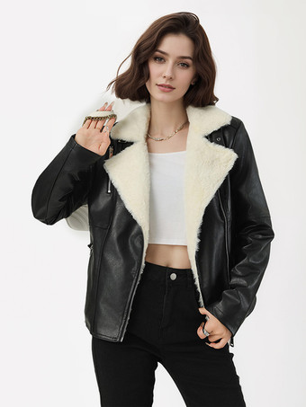 Veste de moto doublée polaire large revers en peau lainée fermeture éclair asymétrique manteau chaud en similicuir