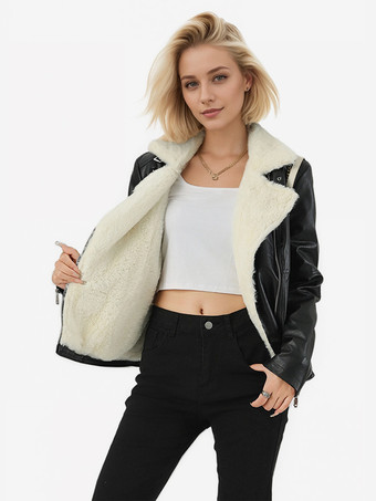 Veste de moto doublée polaire large revers en peau lainée fermeture éclair asymétrique manteau chaud en similicuir