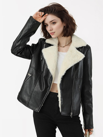 noir Veste de moto doublée polaire large revers en peau lainée fermeture éclair asymétrique manteau chaud en similicuir