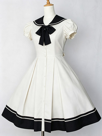 blanco Vestido de Lolita Fiesta del té con manga corta de dos tonos de 100% algodón con pliegues