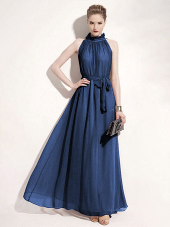 Dark NavyHalter Sundress Jewel Neck Lace Up Chiffon Beach Prom Maxi Dresses